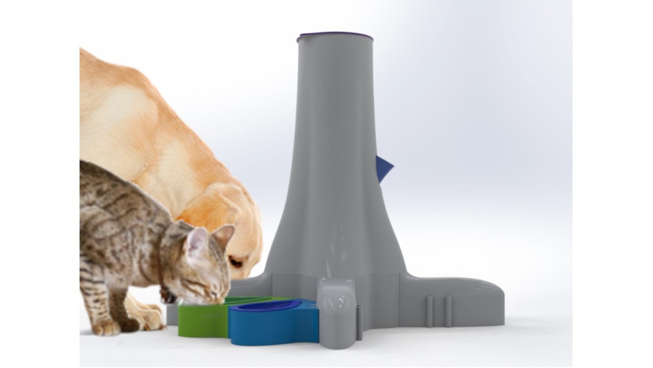 un dispensador modular de alimento y agua para mascotas. 