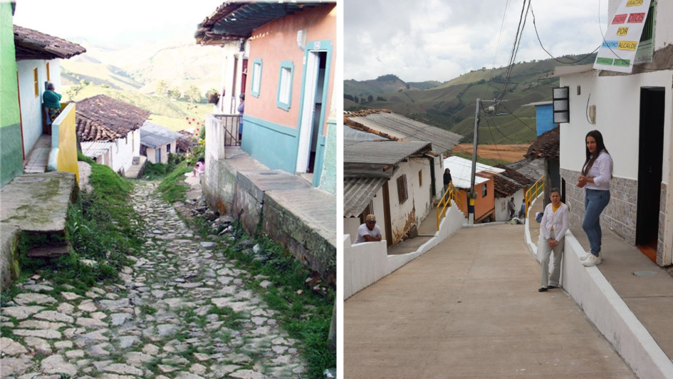 A la izquierda, el antiguo camino que acumulaba décadas de deterioro. A la derecha, el sector remodelado en este 2025 en un municipio emblemático de Caldas.