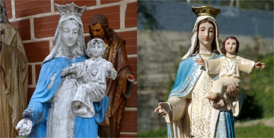 Este es el antes y el después de la imagen religiosa de la Virgen luego de ser intervenida. 