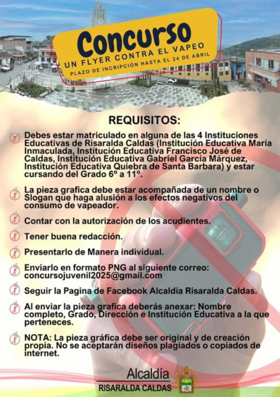 En Risaralda, municipio del occidente de Caldas, convocan a este concurso contra el vapeo. La idea es que los alumnos envíen mensajes acerca de los efectos negativos de esta práctica.