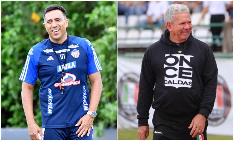 César Farías (izq.), entrenador del Junior de Barranquilla, y Hernán Darío Herrera, técnico del Once Caldas.