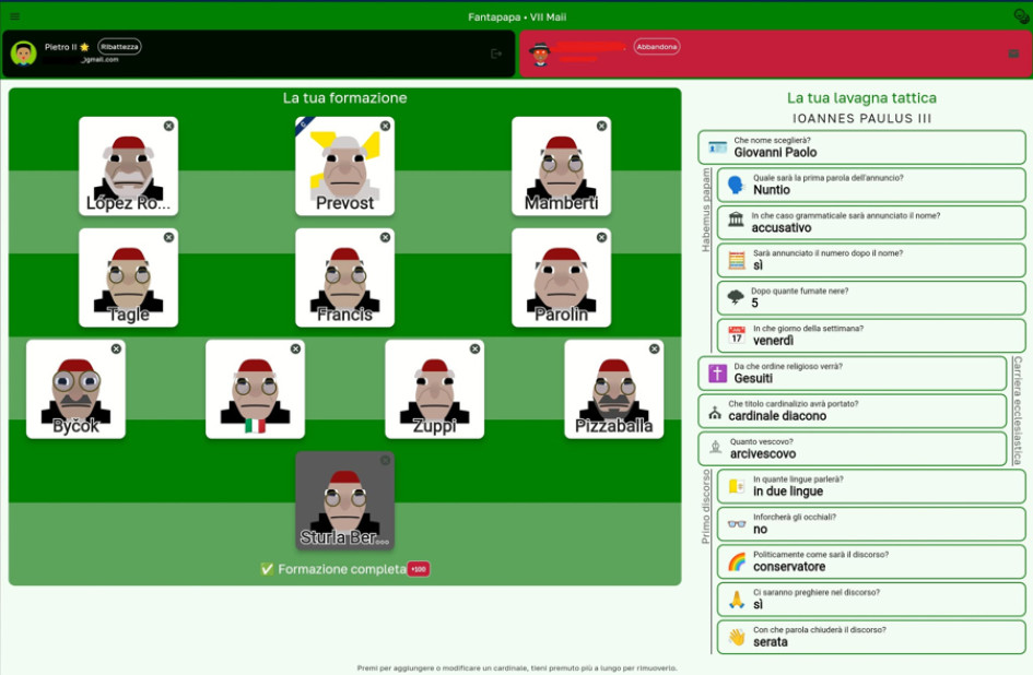 'Fantapapa' invita a crear un equipo de fútbol con los cardenales favoritos para convertirse en el próximo pontífice.