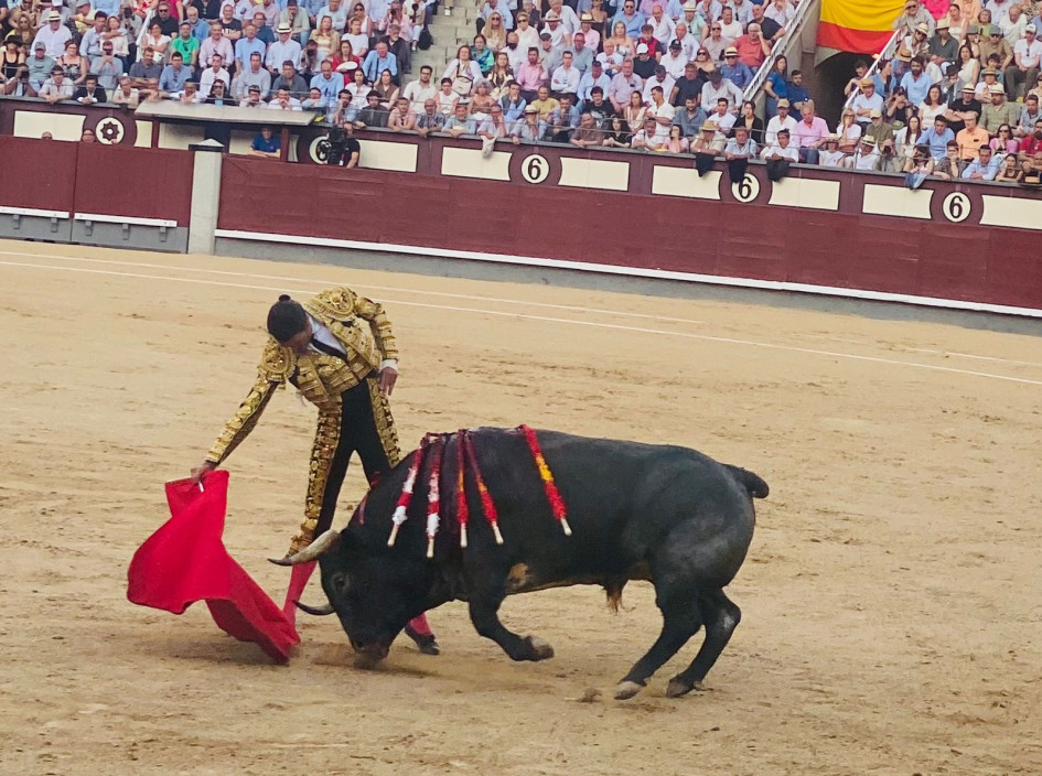Muletazo de Uceda Leal al cuarto de la tarde, toro de La Quinta al que le cortó oreja este domingo en Madrid.