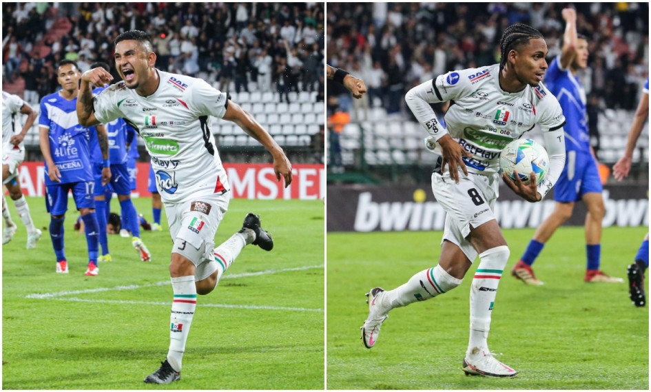 Jerson Malagón (izq.) y Esteban Beltrán anotaron los dos goles que le dieron la victoria y clasificación al Once Caldas en la Copa Sudamericana, ante GV San José, en Manizales. Sus celebraciones tuvieron una dedicatoria especial, dirigida a sus familias.