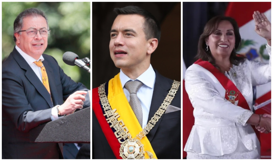 Gustavo Petro, Daniel Noboa y Dina Boluarte, presidentes de Colombia, Ecuador y Perú.