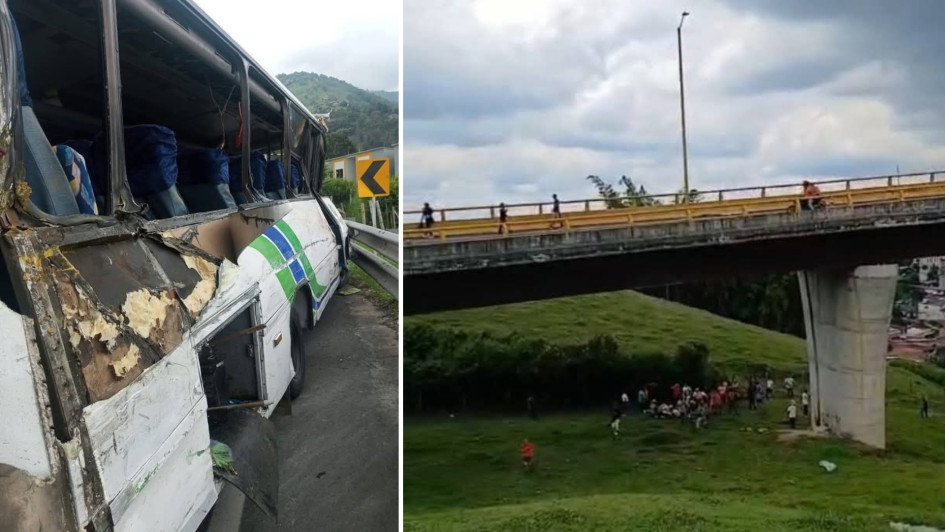 El bus se volcó sobre el puente y los ocupantes cayeron al vacío.