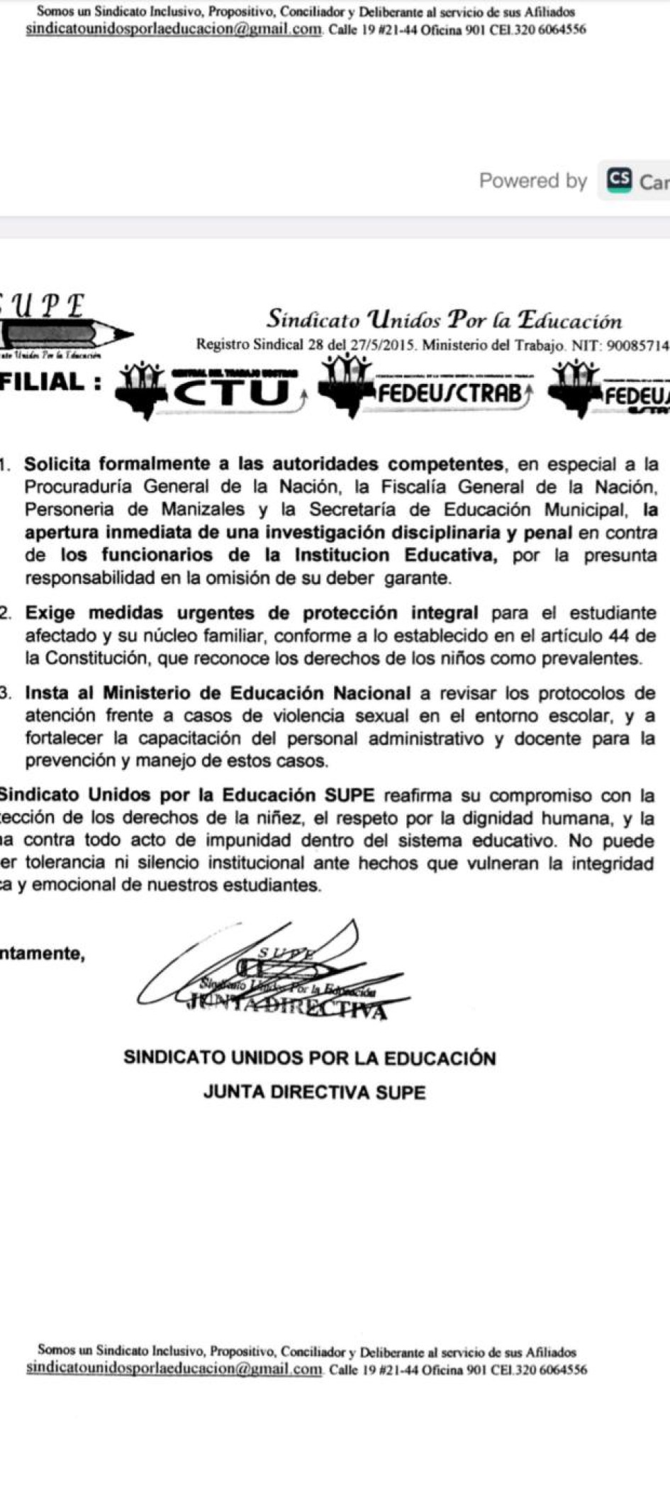 El sindicato Supe, que agrupa a maestros, directivos-docentes, administrativos, del sector estatal en Caldas, emitió un comunicado este martes 13 de mayo del 2025 con el propósito de exigir apertura de más investigaciones