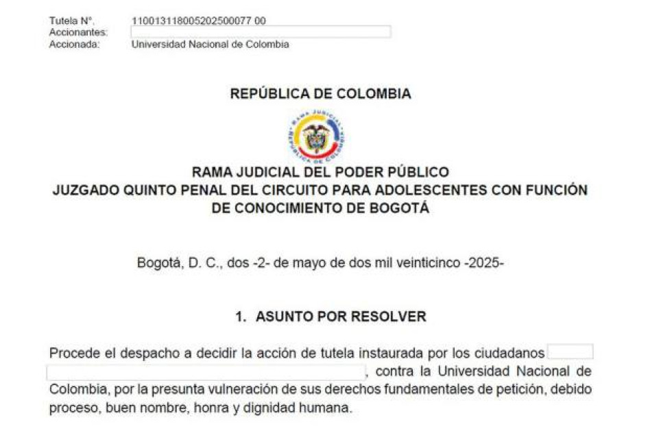 Una tutela, interpuesta por dos profesores, entre ellos un exvicerrector de la sede Manizales, falla a favor en primera instancia de la Universidad Nacional de Colombia. La decisión indica que el informe sobre evaluación a entidades sin ánimo de lucro seguirá siendo público. Docentes impugnarán el fallo. La imagen de esta nota fue usada por la U. en su comunicado de prensa.