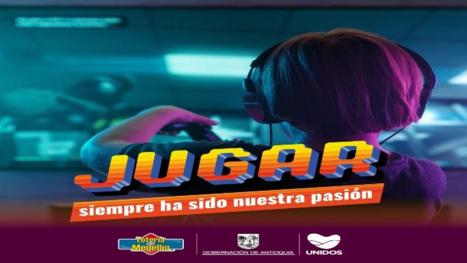 Niño jugando videojuegos con la palabra "Jugar" debajo.