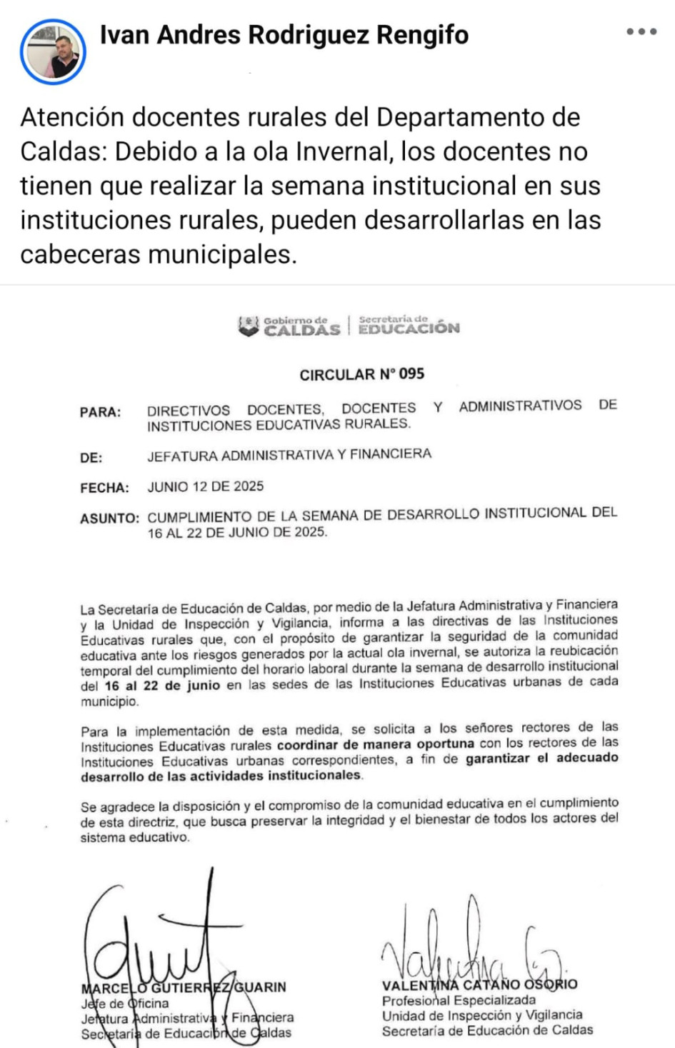 Imagen tomada de Facebook I LA PATRIA  El sindicato de maestros Educal reportó el anuncio de la Secretaría de Educación de Caldas acerca de la medida que se tomó para la semana institucional, ante la fuerte ola invernal.