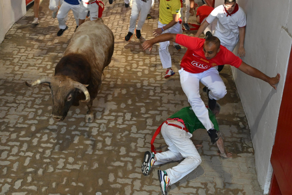 Varios mozos acompañan a uno de los toros de la ganadería Victoriano del Río Cortés en el callejón de entrada a la Plaza de Toros durante el cuarto encierro de los Sanfermines, este jueves, en Pamplona.