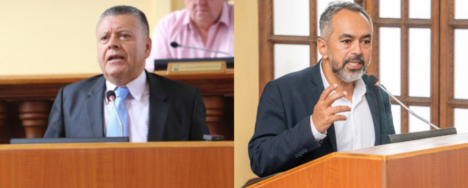 Juan Carlos Pérez, contralor de Caldas, y Eduardo Andrés Grisales, jurídico de la Asamblea de Caldas. 