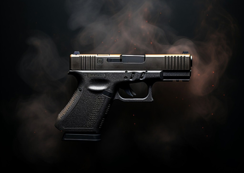 Primer plano del arma rodeada de pólvora después de disparar