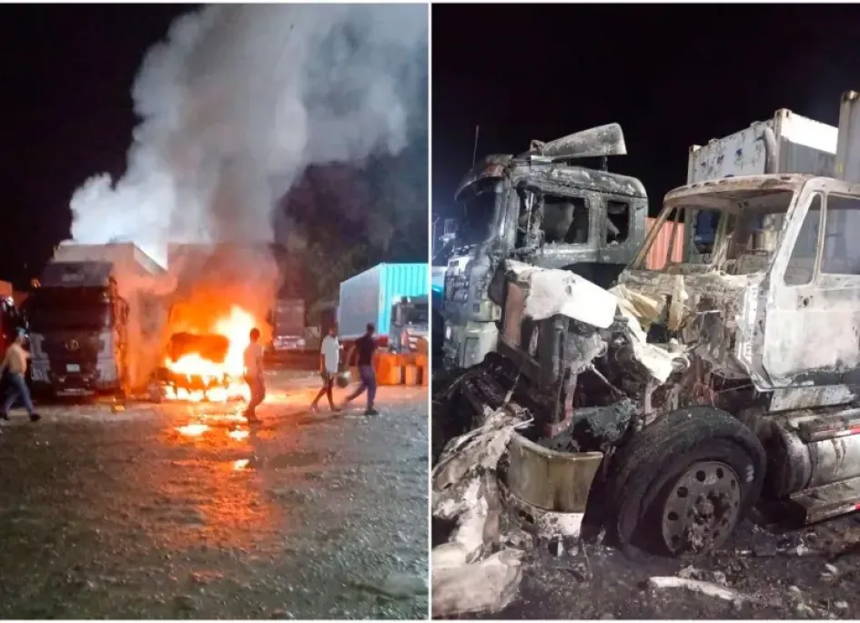 Camiones quemados en la vía Cali - Buenaventura.