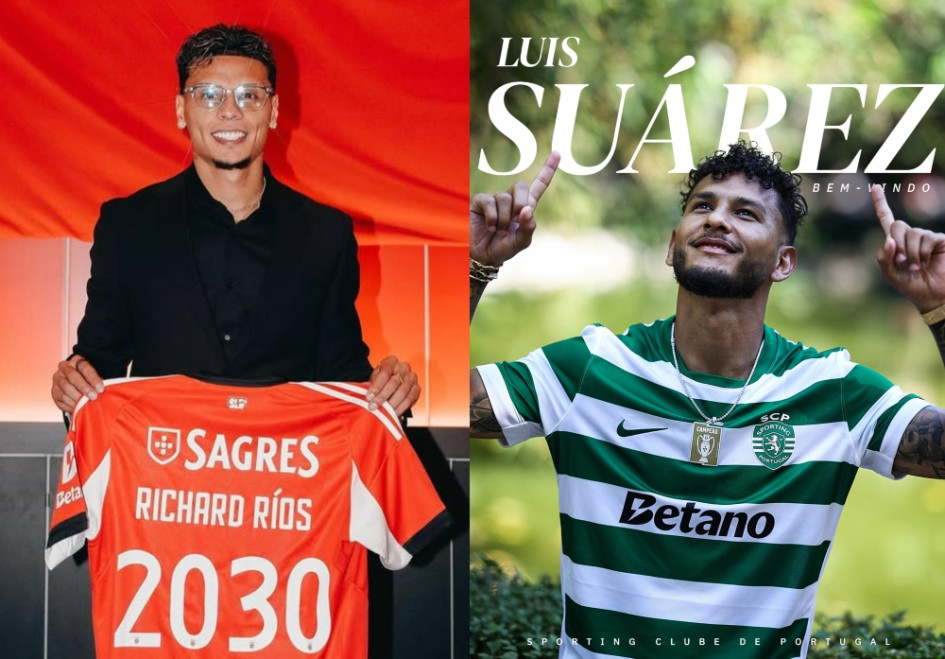 Richard Ríos y Luis Suárez, los futbolistas colombianos que llegan al fútbol de Portugal y son hasta ahora las operaciones más mediáticas del mercado portugués. Rompieron los récords de gasto de sus respectivos clubes.