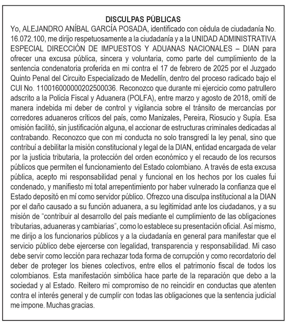 Disculpas públicas de Alejandro Aníbal García Posada a la DIAN