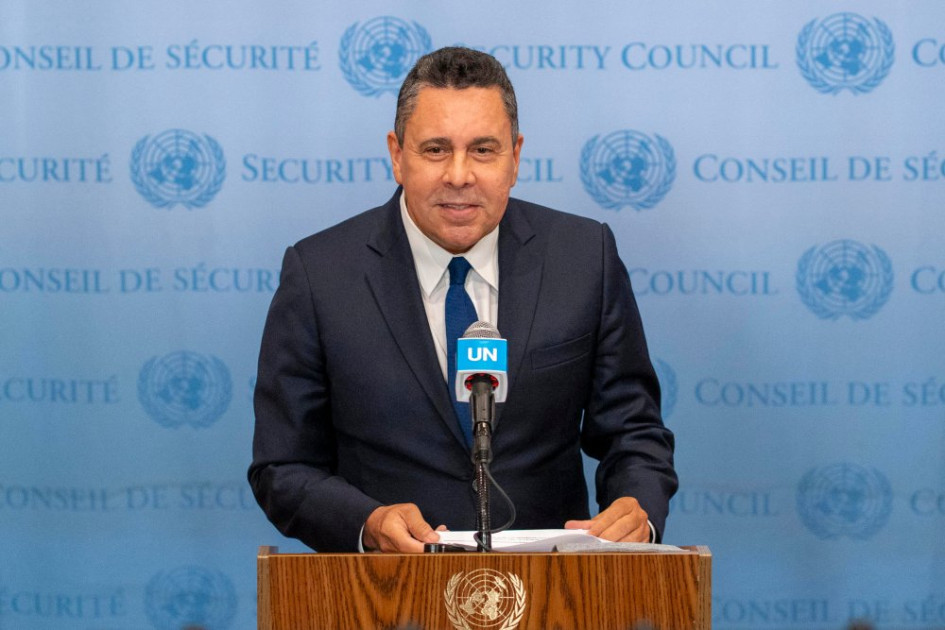 El embajador de Venezuela ante la Organización de las Naciones Unidas (ONU), Samuel Moncada, habla durante una conferencia de prensa en la sede de la ONU este jueves, en Nueva York (Estados Unidos).