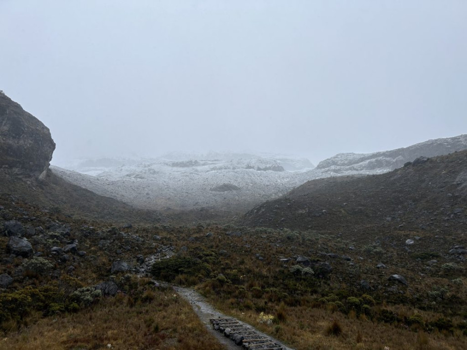 Sendero de ascenso al volcán Nevado de Santa Isabel cubierto por la nevada del viernes, 10 de octubre.