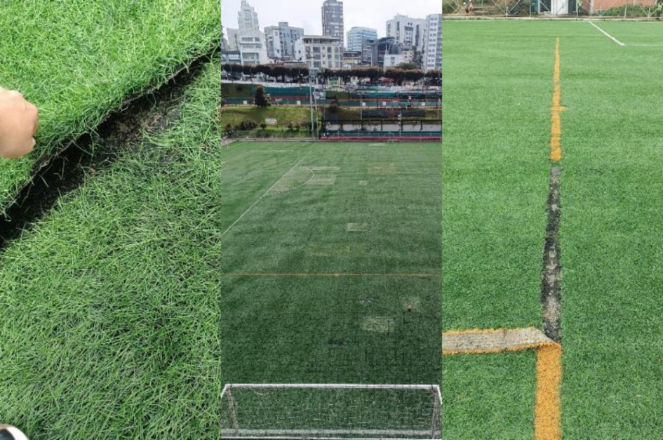 Estas son algunas de las imágenes que aportó la Secretaría del Deporte de Manizales para reclamarle al contratista por el estado de la cancha auxiliar Luis Fernando Montoya.