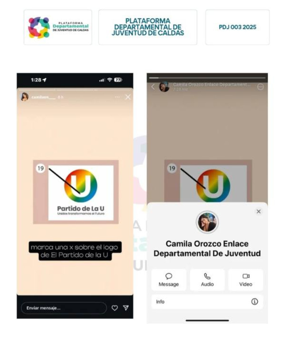 Imagen I tomada de la queja de la Plataforma Juvenil I LA PATRIA  La Plataforma Departamental de Juventud de Caldas basa su queja contra Camila Orozco, actual enlace Departamental de Juventud, en estos mensajes del whatsapp de ella.