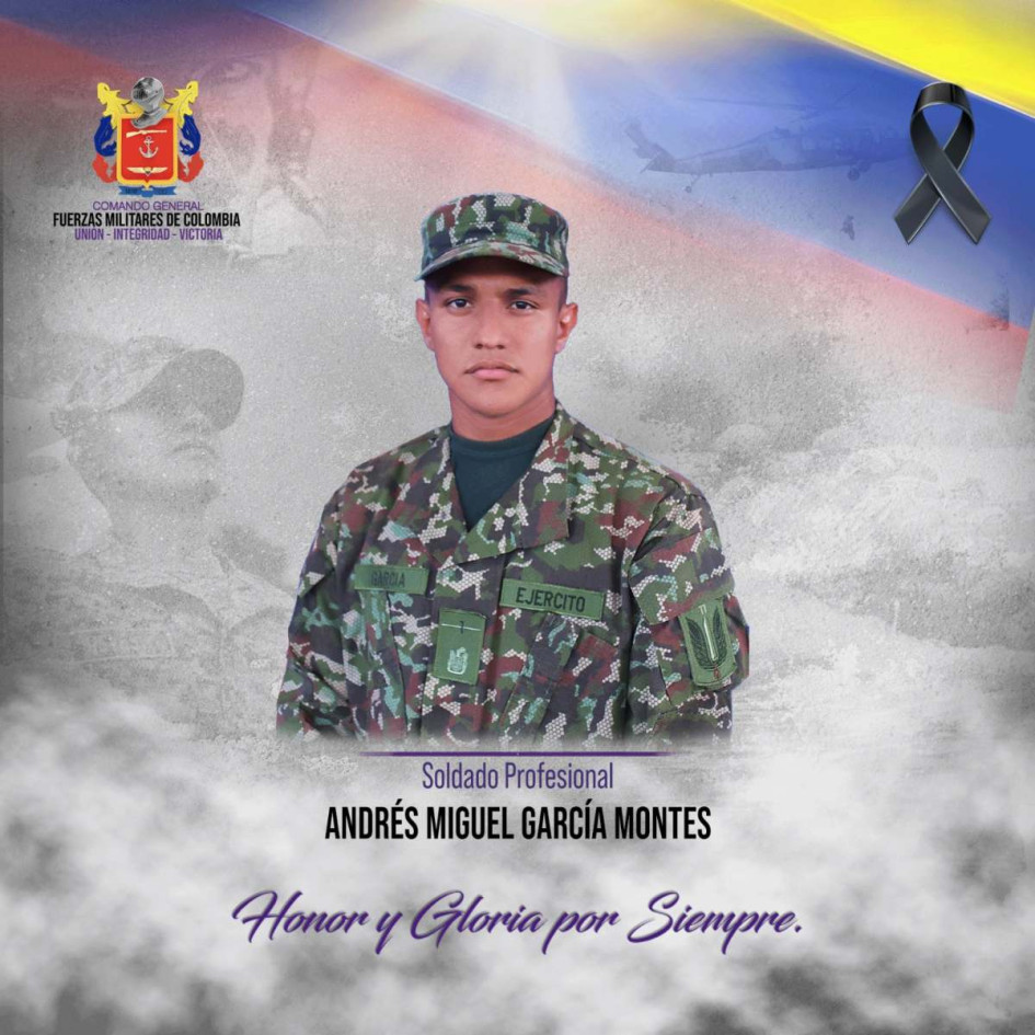 Andrés Miguel García Montes, originario del municipio de Planeta Rica, en el departamento caribeño de Córdoba, fue asesinado en enfrentamiento con disidencia de las Far. 
