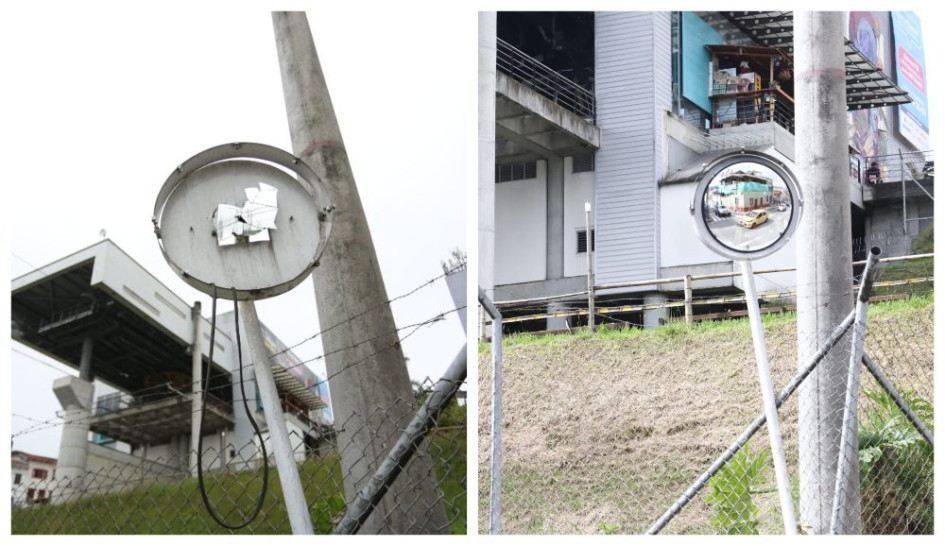 Antes. Así estaba el espejo luego del ataque de los vándalos. Después. Ya está arreglado para ayudar a la conducción de los manizaleños por este sector de la ciudad.