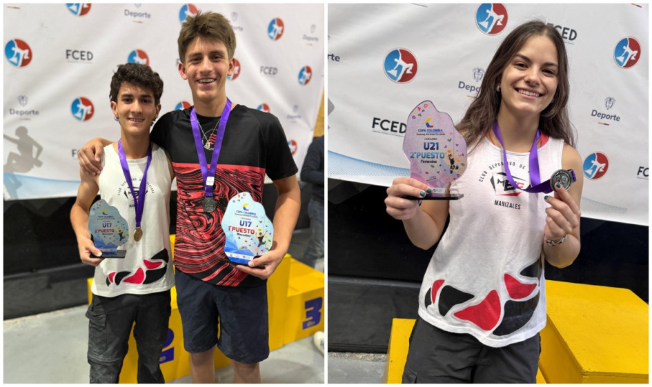Miguel Tobón (izq.) y Paulina Mejía, del club MBC de Manizales, subieron al podio en la Copa Colombia de Escalada 2025 en Bogotá.