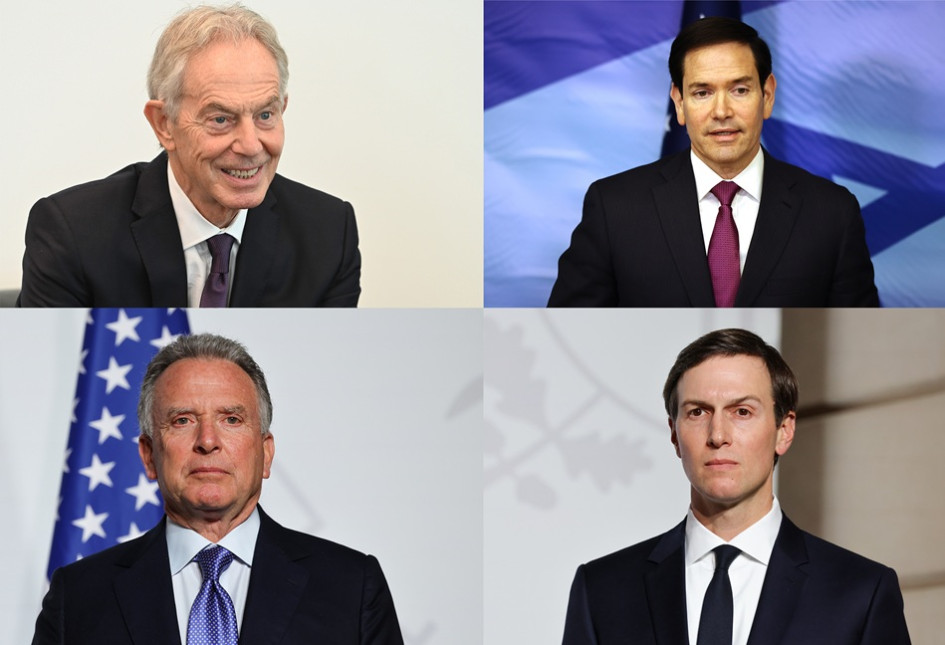 El ex primer ministro británico Tony Blair; el secretario de Estado, Marco Rubio; el emisario de la Casa Blanca, Steve Witkoff; y Jared Kushner, yerno del presidente, Donald Trump.