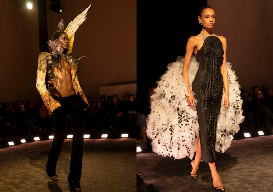 Modelos desfilan con diseños de la marca Schiaparelli, inaugurando este lunes la semana de la Alta Costura de París. 