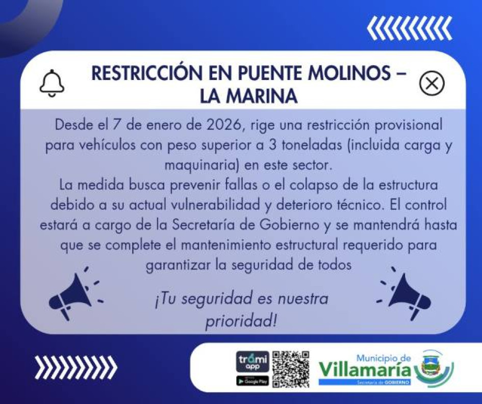 Imagen I Facebook Alcaldía I LA PATRIA  La Alcaldía informó que se restringe provisionalmente el tránsito vehicular sobre el puente Molinos - La Marina por reparaciones. 