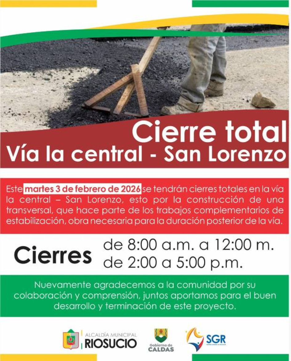 Foto I Facebook alcaldías I LA PATRIA  Un cierre total este martes 3 de febrero de 2026 es para una vía del occidente. Entre tanto, continúa el seguimiento a 11 árboles en zona concurrida por la comuidad en el Centro-sur