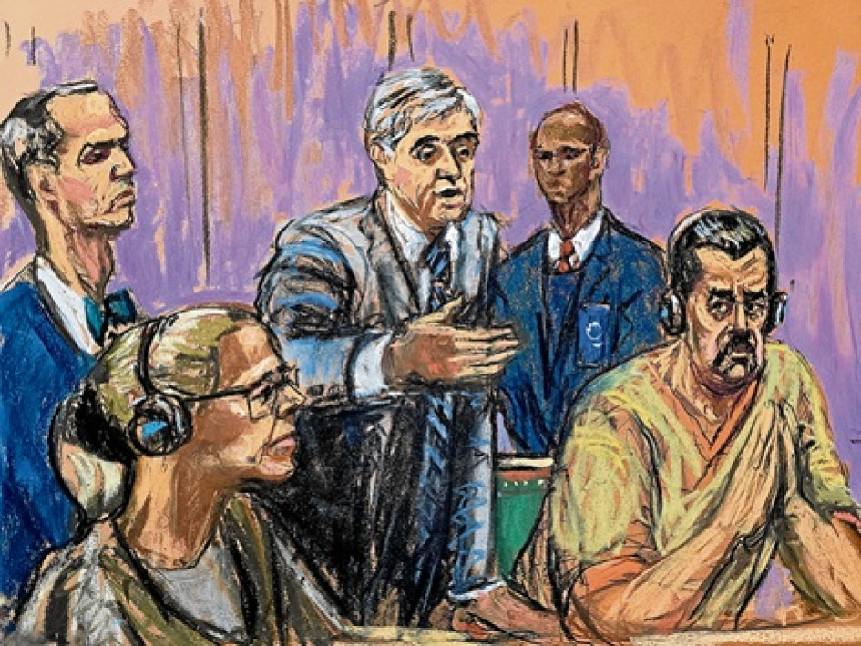 Foto | EFE | LA PATRIA Fotografía de un dibujo realizado por la artista Jane Rosenberg donde aparece el presidente depuesto de Venezuela, Nicolás Maduro, junto a su esposa Cilia Flores, y sus abogados Mark Donnelly y Barry pollack,  durante su comparecencia ante un tribunal federal en Nueva York (EE. UU.).