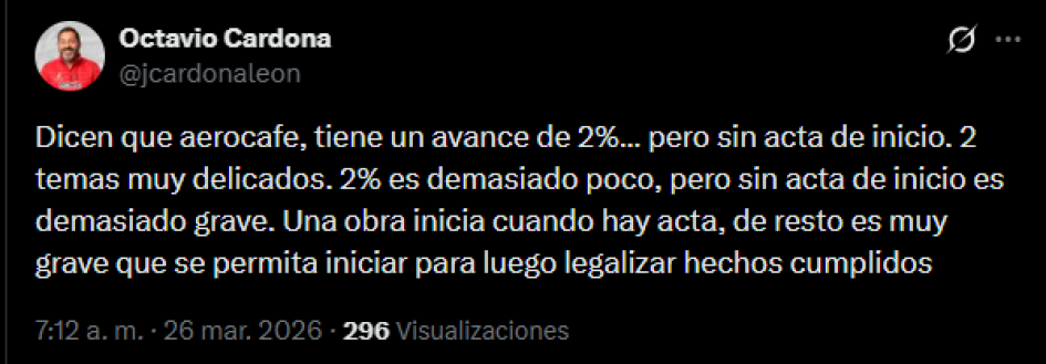 Congresista caldense criticó demoras en Aerocafé Foto | Tomada de X jcardonaleon | LA PATRIA