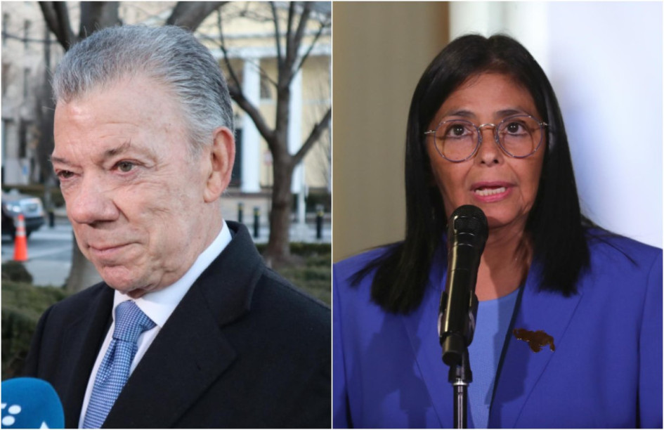Juan Manuel Santos, expresidente de Colombia, y Delcy Rodríguez, mandataria encargada de Venezuela.