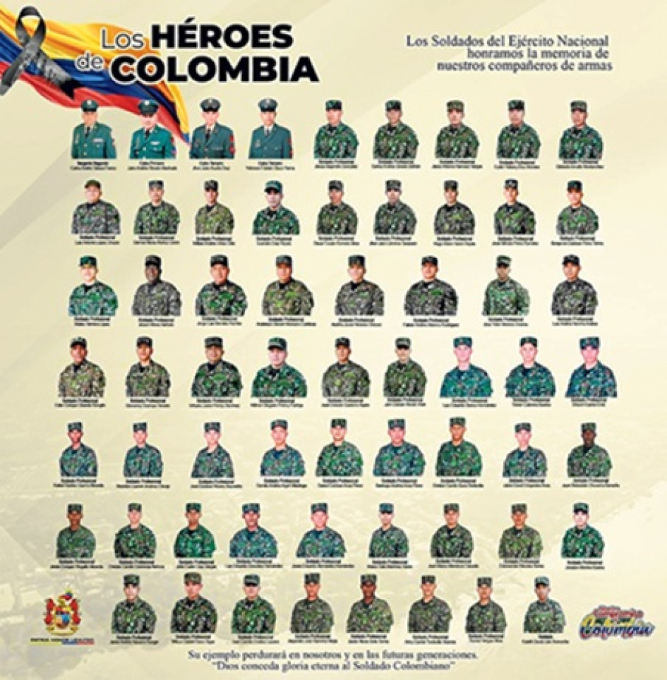 Foto | Ejército Nacional | LA PATRIA Carlos Andrés Tabaco Franco; Jairo Andrés Rincón Machado; Jhon Jairo Acuña Cruz; Yeerson Fabián Otavo Yaima; Wilmer Olegario Petevi Pontoja; Jonatan Moreno Baena; José Yefer Moreno Viveros; Janier Andrés Navarro Rangel; Juan Camilo Ovallos Lozano; Santiago Andrés Arias Pérez; Cristian Camilo Baza Tordecilla; Julián David Céspedes Arias; Juan Sebastián Chaverra Romaña; Jesús Enrique Chiquillo Miranda; Cristian Camilo Contreras Astroza; Jhon Fader Cruz Vargas; Luis Eduardo