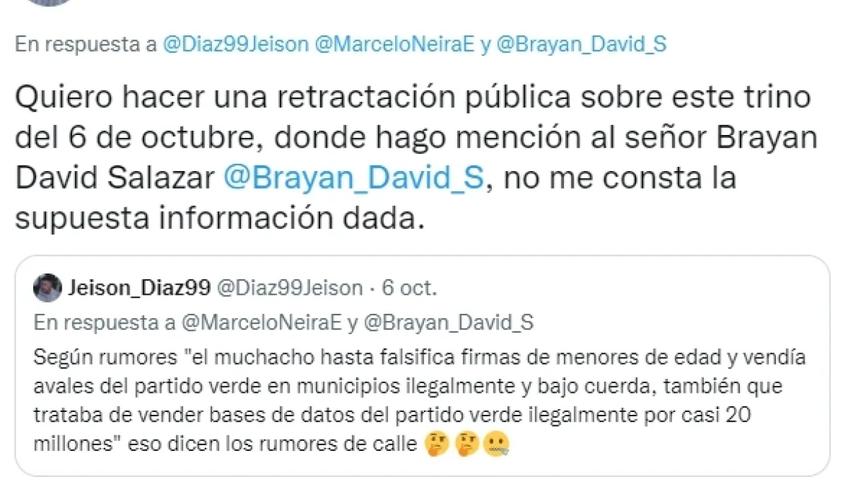 Tuitero se retracta de acusaciones contra el líder político Brayan David Salazar