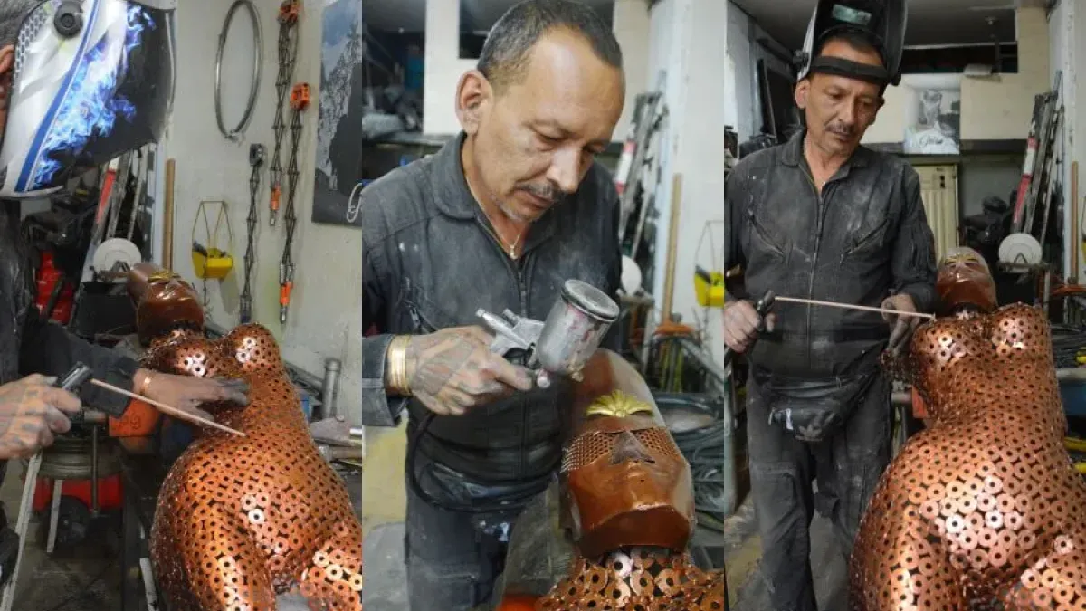 600 arandelas finamente soldadas dan forma a esta cultura elaborada por Jorge Luis Gil en su taller de metal mecánica ubicado en el barrio San José, de Manizales.