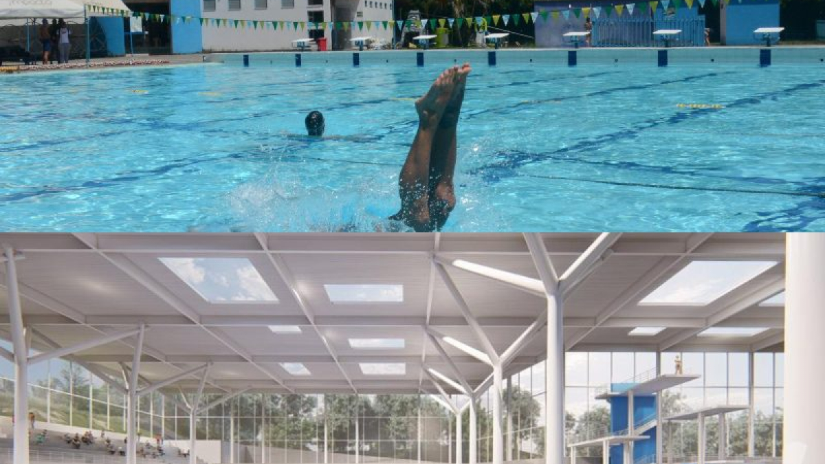 En la foto de arriba, la piscina actual.  En la imagen de abajo cómo quedaría el Complejo Acuático si se interviene como está proyectado con recursos del Mindeporte y la Gobernación de Caldas. 