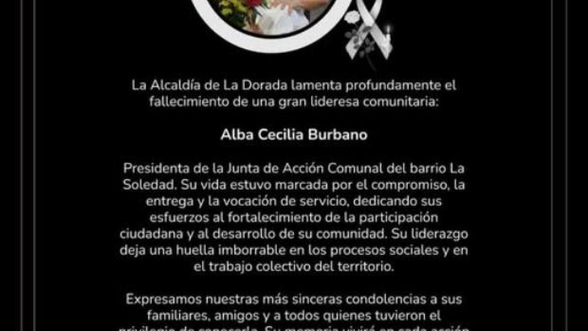 Imagen I Facebook Alcaldía I LA PATRIA  Alba Cecilia Burbano, presidenta de Junta de Acción Comunal, quien murió en días pasados.