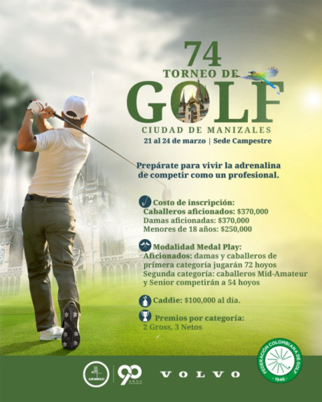 La sede campestre del Club Manizales recibió este puente festivo a 120 golfistas del país para el 74 Torneo de Golf Ciudad de Manizales que comenzó el viernes y concluirá hoy. Participan jugadores aficionados, damas y caballeros, con certificado vigente de la Federación Colombiana de Golf. Entre las figuras locales están Mateo Gaviria, Pedro Vélez, Juan Pablo Valencia, Santiago González y Felipe Uribe.