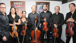 Marco Fidel Calderón, Catalina Castañeda, Lorena Reyes, Hernán Amaya, Daniel Villarreal, Fanny Marín y Miguel Flechas, integrantes de la Orquesta de Cámara de Caldas.